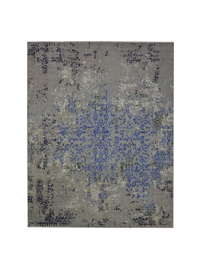 Grey, Blue, Ivory and Black Pure Wool Transitional Handknotted 7.11x10.1ft 242x307Cms Area Rug