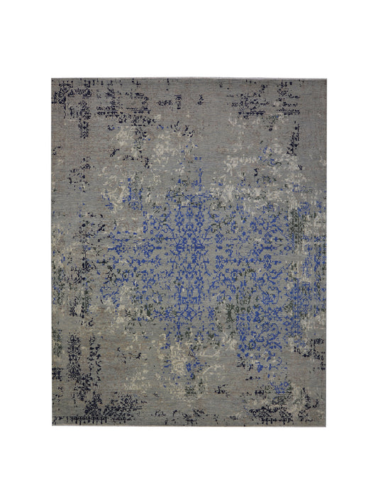 Grey, Blue, Ivory and Black Pure Wool Transitional Handknotted 7.11x10.1ft 242x307Cms Area Rug