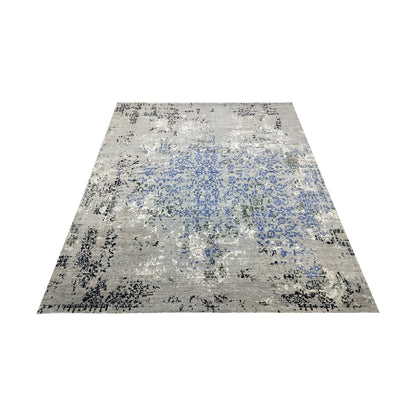 Grey, Blue, Ivory and Black Pure Wool Transitional Handknotted 7.11x10.1ft 242x307Cms Area Rug
