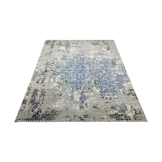 Grey, Blue, Ivory and Black Pure Wool Transitional Handknotted 7.11x10.1ft 242x307Cms Area Rug