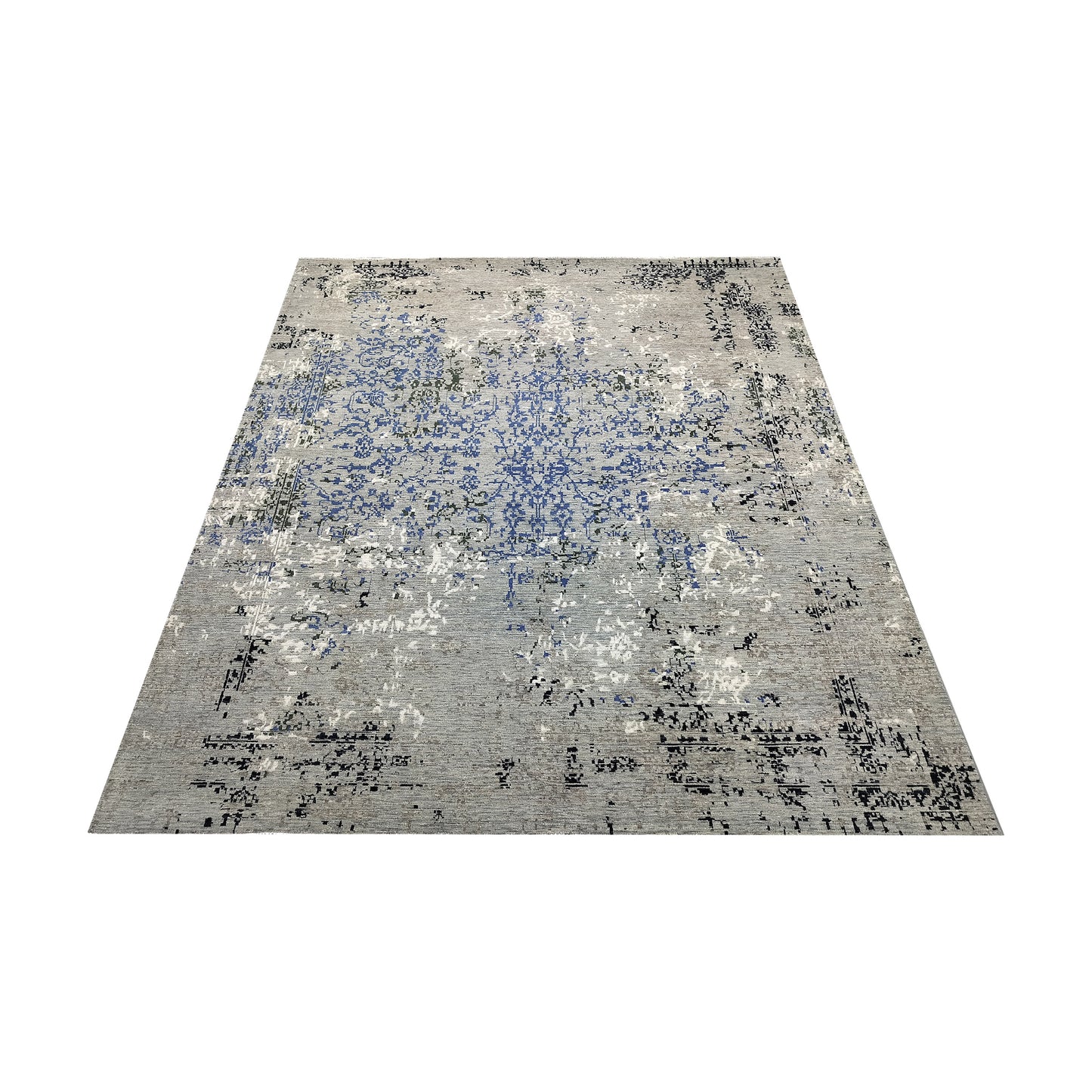Grey, Blue, Ivory and Black Pure Wool Transitional Handknotted 7.11x10.1ft 242x307Cms Area Rug