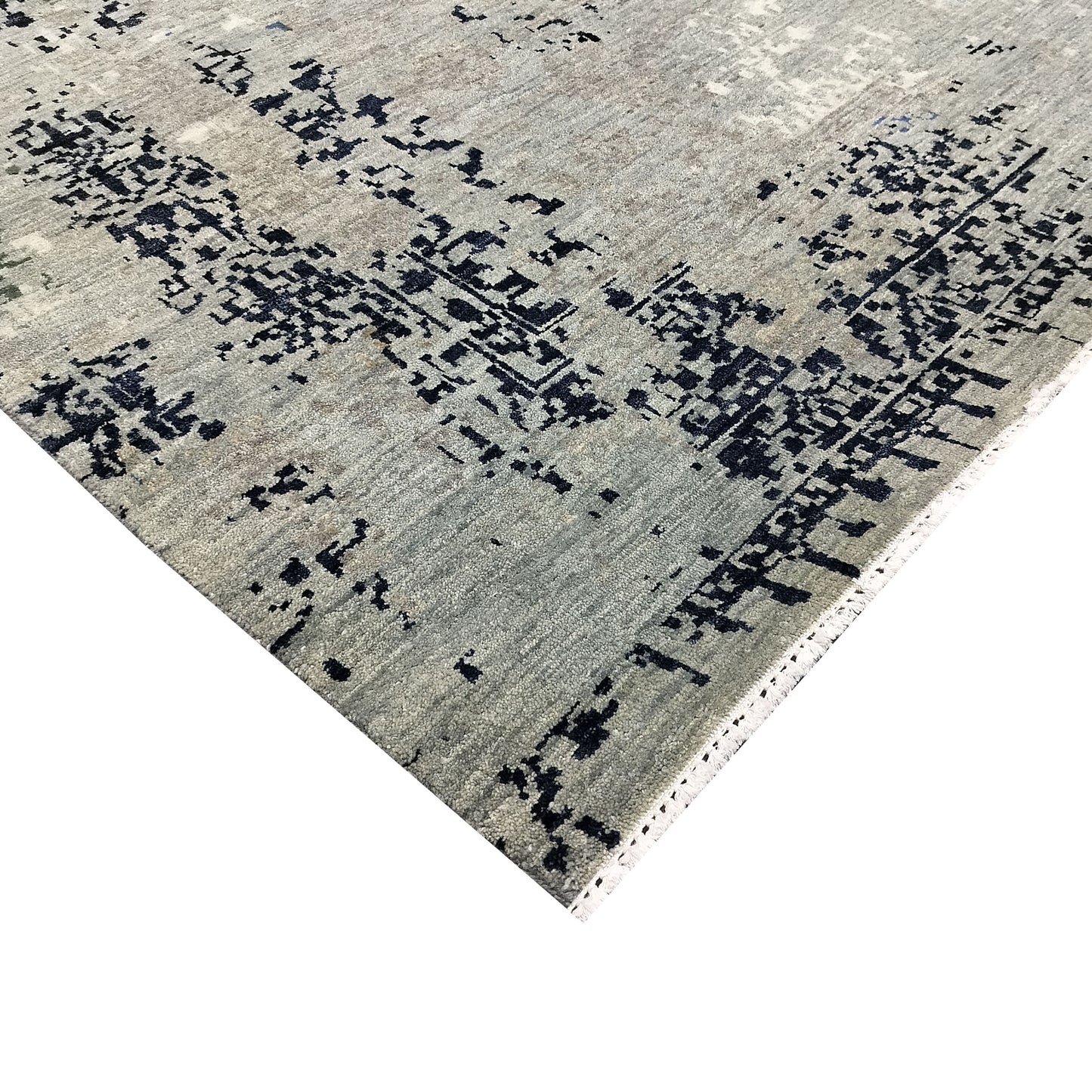 Grey, Blue, Ivory and Black Pure Wool Transitional Handknotted 7.11x10.1ft 242x307Cms Area Rug