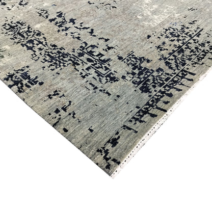 Grey, Blue, Ivory and Black Pure Wool Transitional Handknotted 7.11x10.1ft 242x307Cms Area Rug