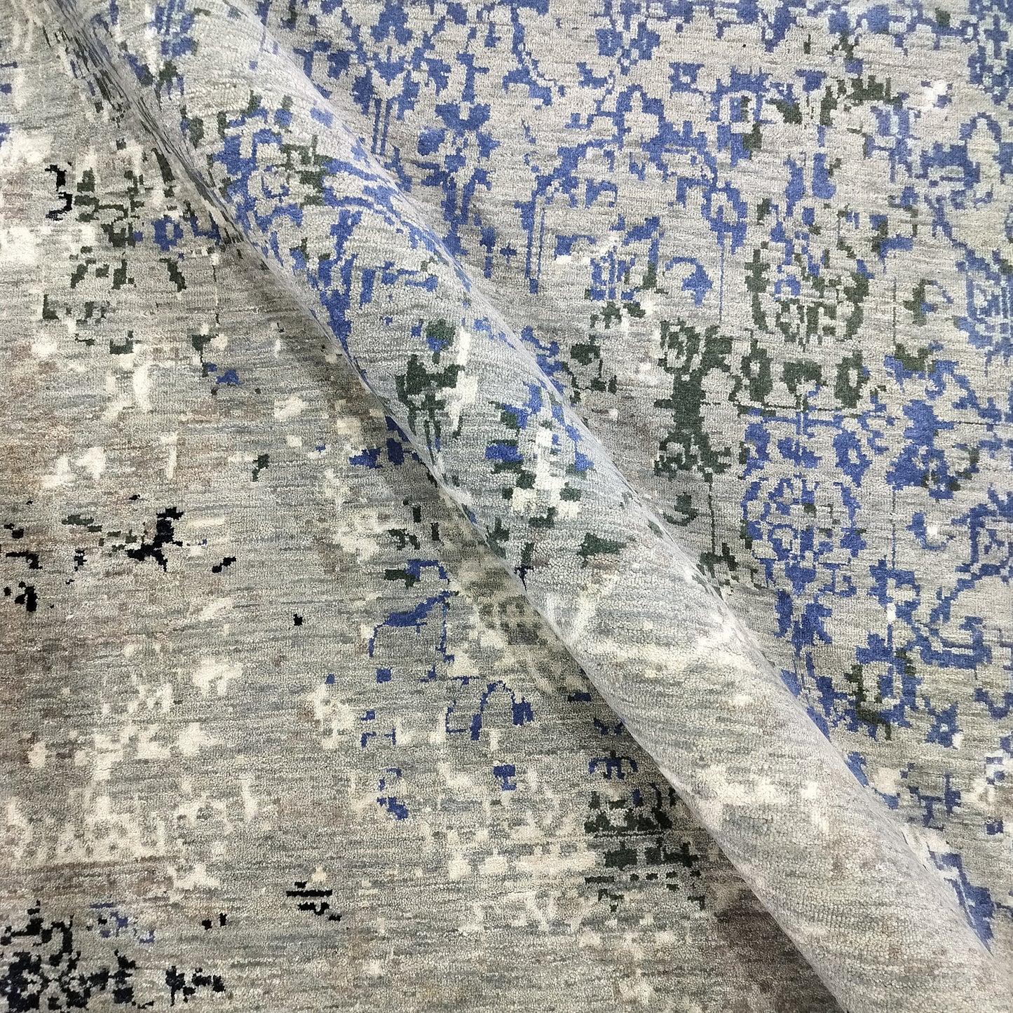 Grey, Blue, Ivory and Black Pure Wool Transitional Handknotted 7.11x10.1ft 242x307Cms Area Rug