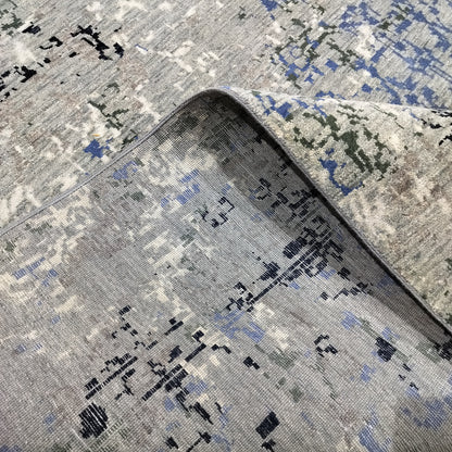 Grey, Blue, Ivory and Black Pure Wool Transitional Handknotted 7.11x10.1ft 242x307Cms Area Rug