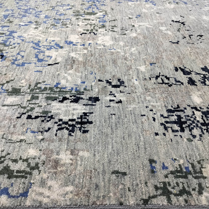Grey, Blue, Ivory and Black Pure Wool Transitional Handknotted 7.11x10.1ft 242x307Cms Area Rug