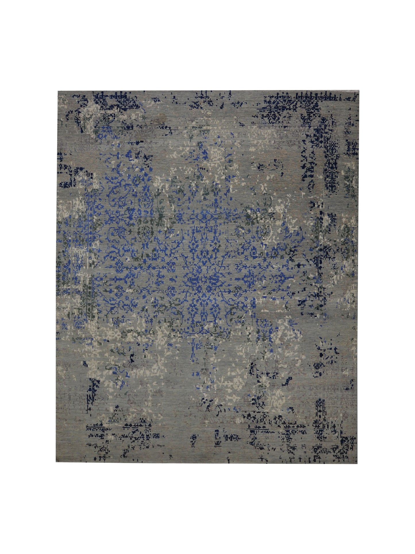 Grey, Blue, Black and Ivory Pure Wool Transitional Handknotted 8.1x9.11ft 245x303Cms Area Rug
