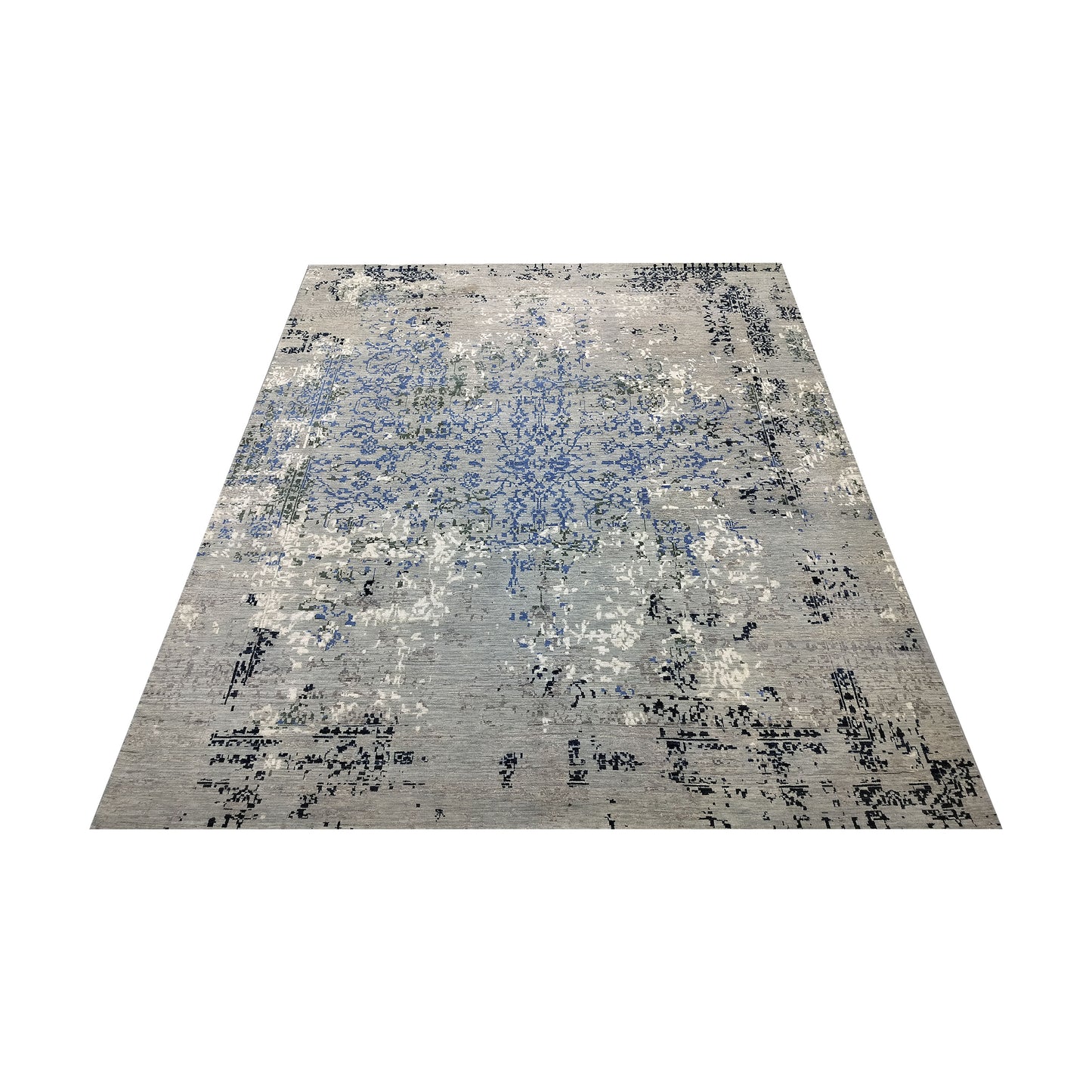 Grey, Blue, Black and Ivory Pure Wool Transitional Handknotted 8.1x9.11ft 245x303Cms Area Rug