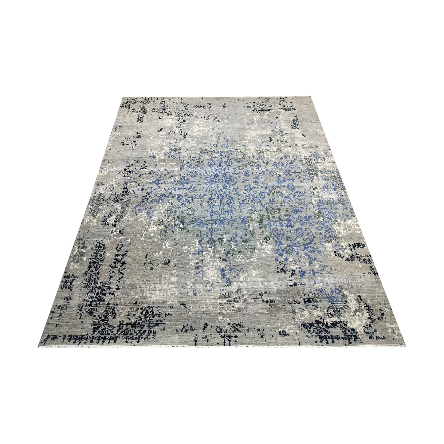 Grey, Blue, Black and Ivory Pure Wool Transitional Handknotted 8.1x9.11ft 245x303Cms Area Rug