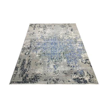 Grey, Blue, Black and Ivory Pure Wool Transitional Handknotted 8.1x9.11ft 245x303Cms Area Rug