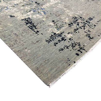 Grey, Blue, Black and Ivory Pure Wool Transitional Handknotted 8.1x9.11ft 245x303Cms Area Rug