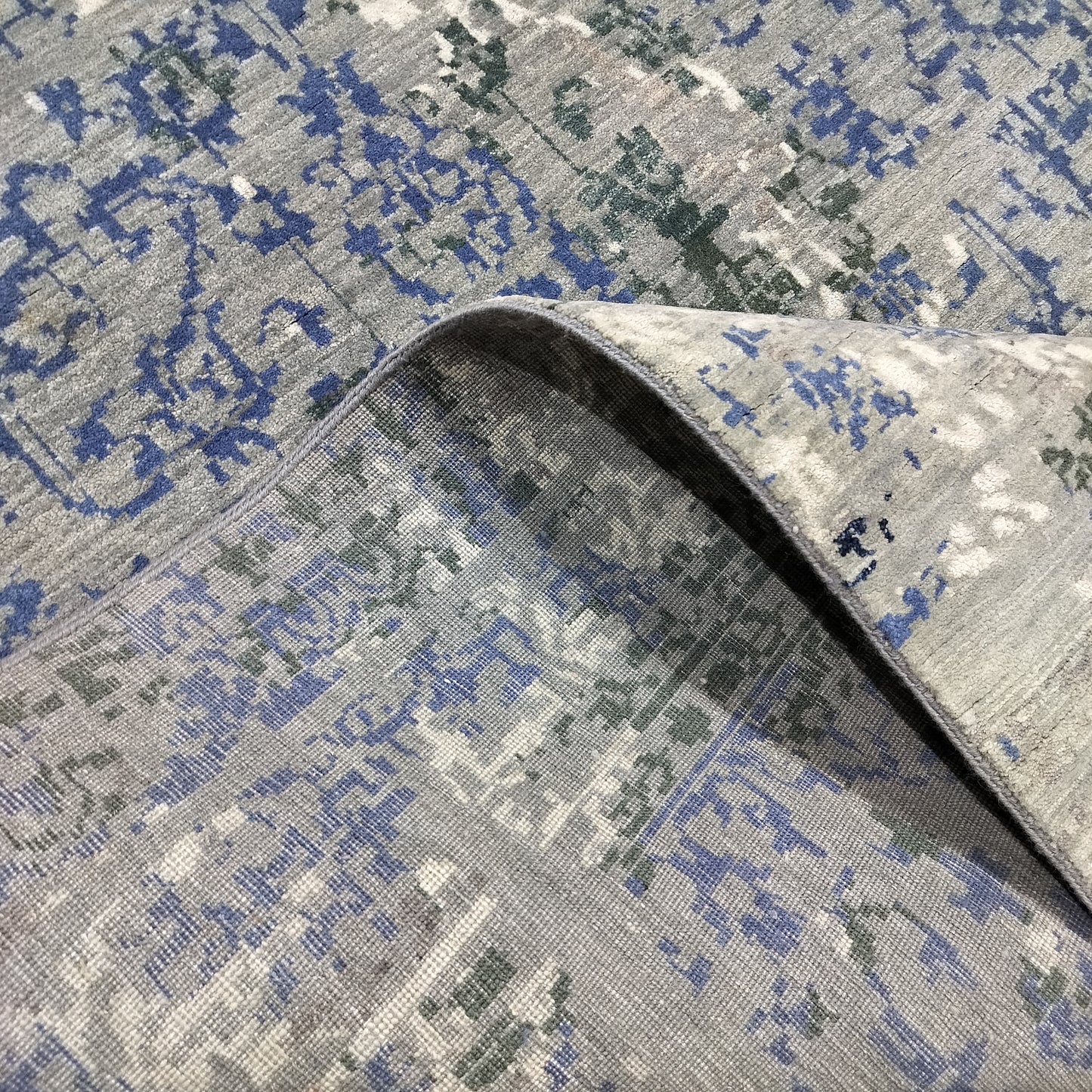 Grey, Blue, Black and Ivory Pure Wool Transitional Handknotted 8.1x9.11ft 245x303Cms Area Rug