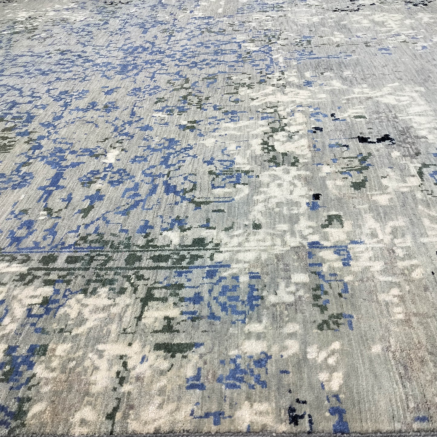 Grey, Blue, Black and Ivory Pure Wool Transitional Handknotted 8.1x9.11ft 245x303Cms Area Rug