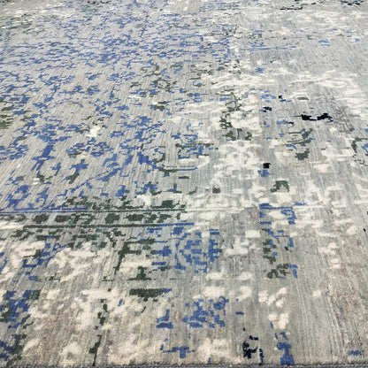 Grey, Blue, Black and Ivory Pure Wool Transitional Handknotted 8.1x9.11ft 245x303Cms Area Rug