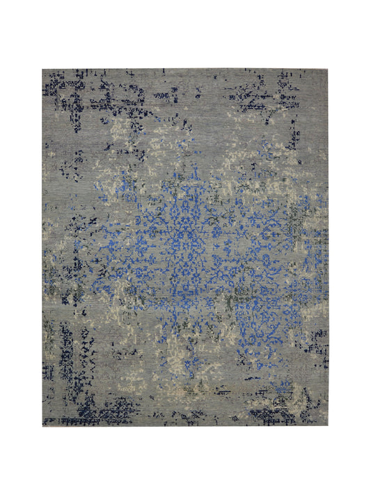 Grey, Blue and Ivory Pure Wool Transitional Handknotted 7.11x10.1ft 242x307Cms Area Rug
