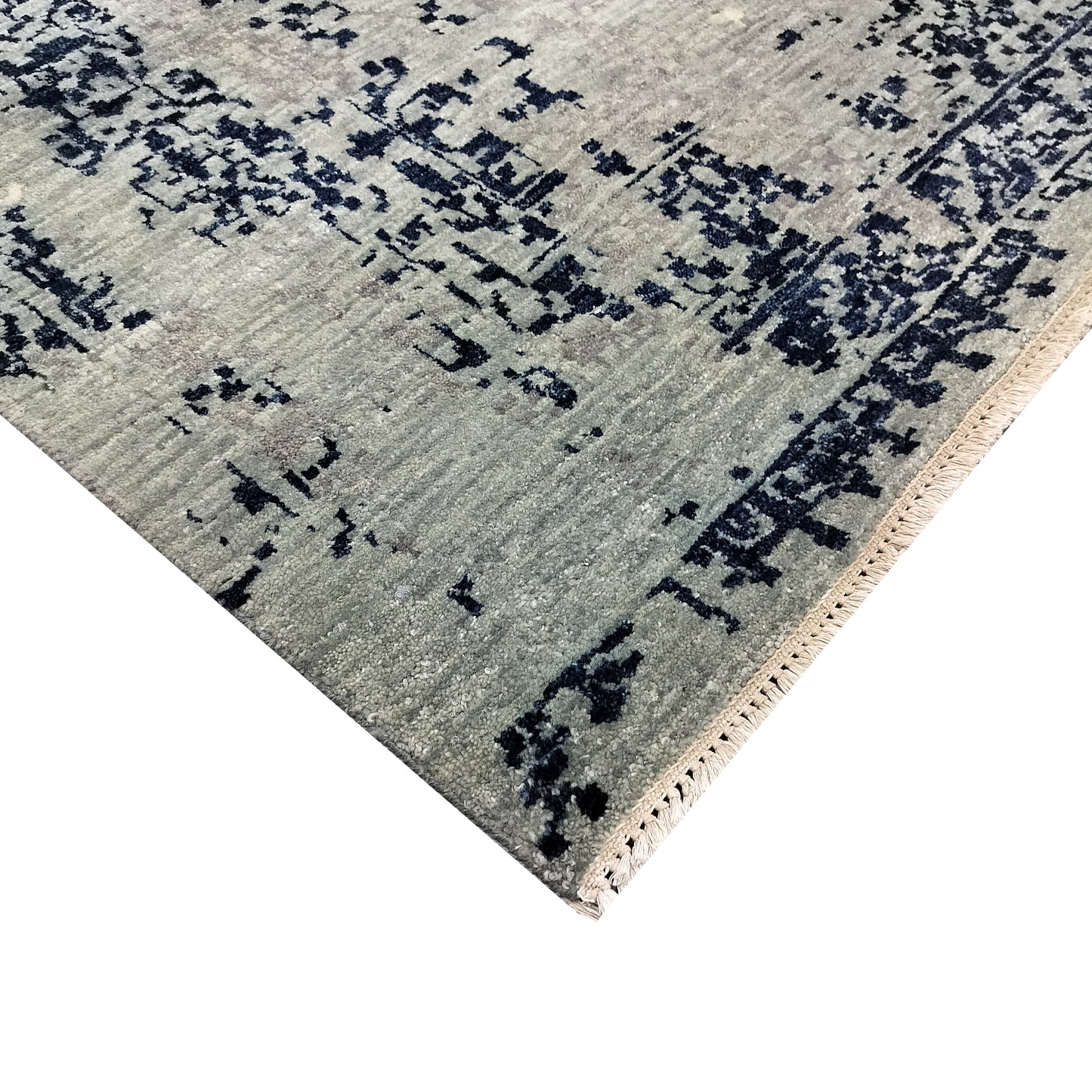 Grey, Blue and Ivory Pure Wool Transitional Handknotted 7.11x10.1ft 242x307Cms Area Rug