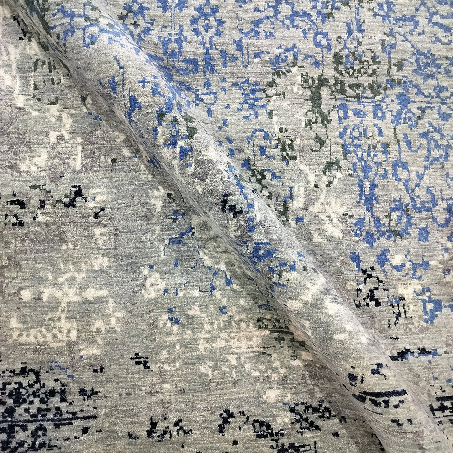 Grey, Blue and Ivory Pure Wool Transitional Handknotted 7.11x10.1ft 242x307Cms Area Rug