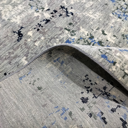 Grey, Blue and Ivory Pure Wool Transitional Handknotted 7.11x10.1ft 242x307Cms Area Rug
