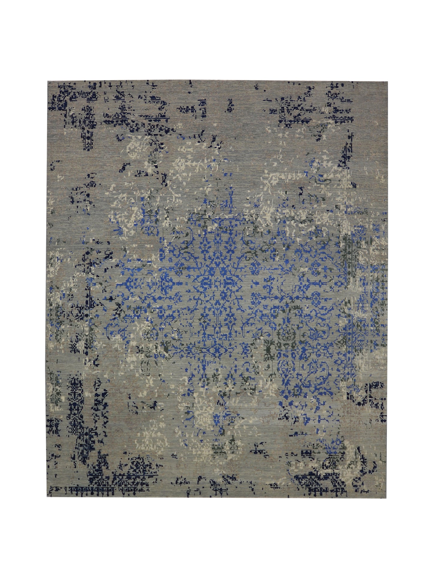 Grey, Blue, Black and Ivory Pure Wool Transitional Handknotted 8.1x9.11ft 247x302Cms Area Rug