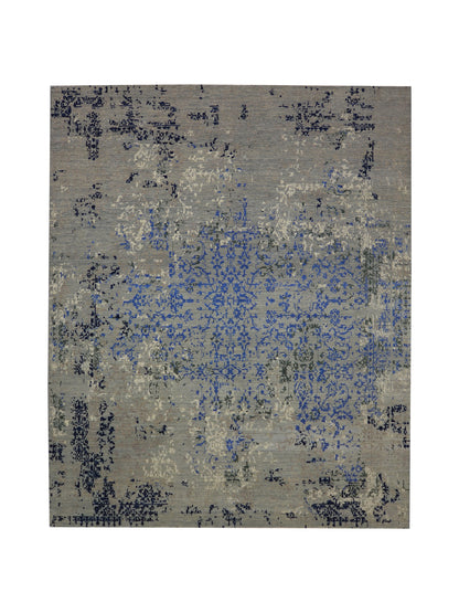 Grey, Blue, Black and Ivory Pure Wool Transitional Handknotted 8.1x9.11ft 247x302Cms Area Rug