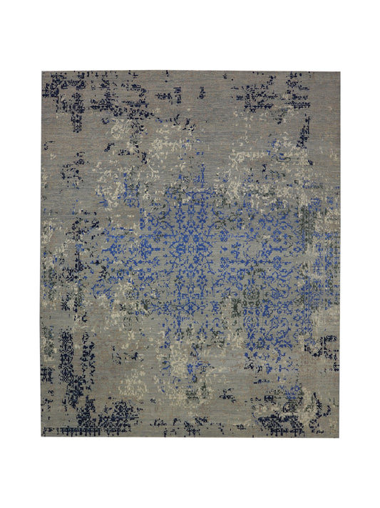Grey, Blue, Black and Ivory Pure Wool Transitional Handknotted 8.1x9.11ft 247x302Cms Area Rug
