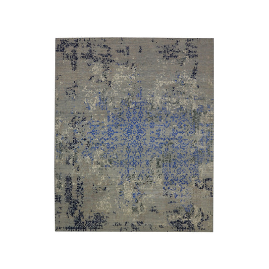Grey Blue, Wool Traditional Erased Handknotted 8.1x9.11ft 247x302Cms Area Rug