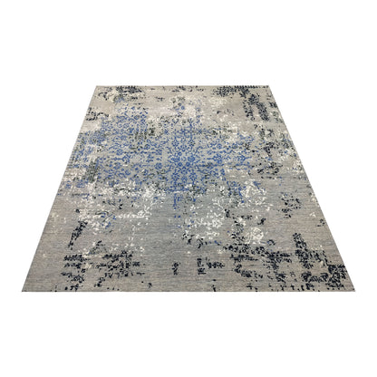 Grey, Blue, Black and Ivory Pure Wool Transitional Handknotted 8.1x9.11ft 247x302Cms Area Rug