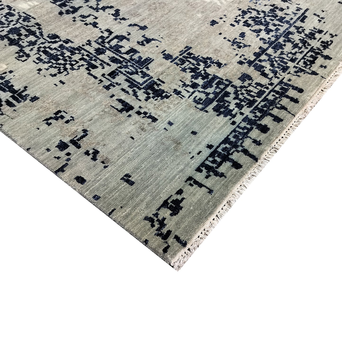 Grey, Blue, Black and Ivory Pure Wool Transitional Handknotted 8.1x9.11ft 247x302Cms Area Rug