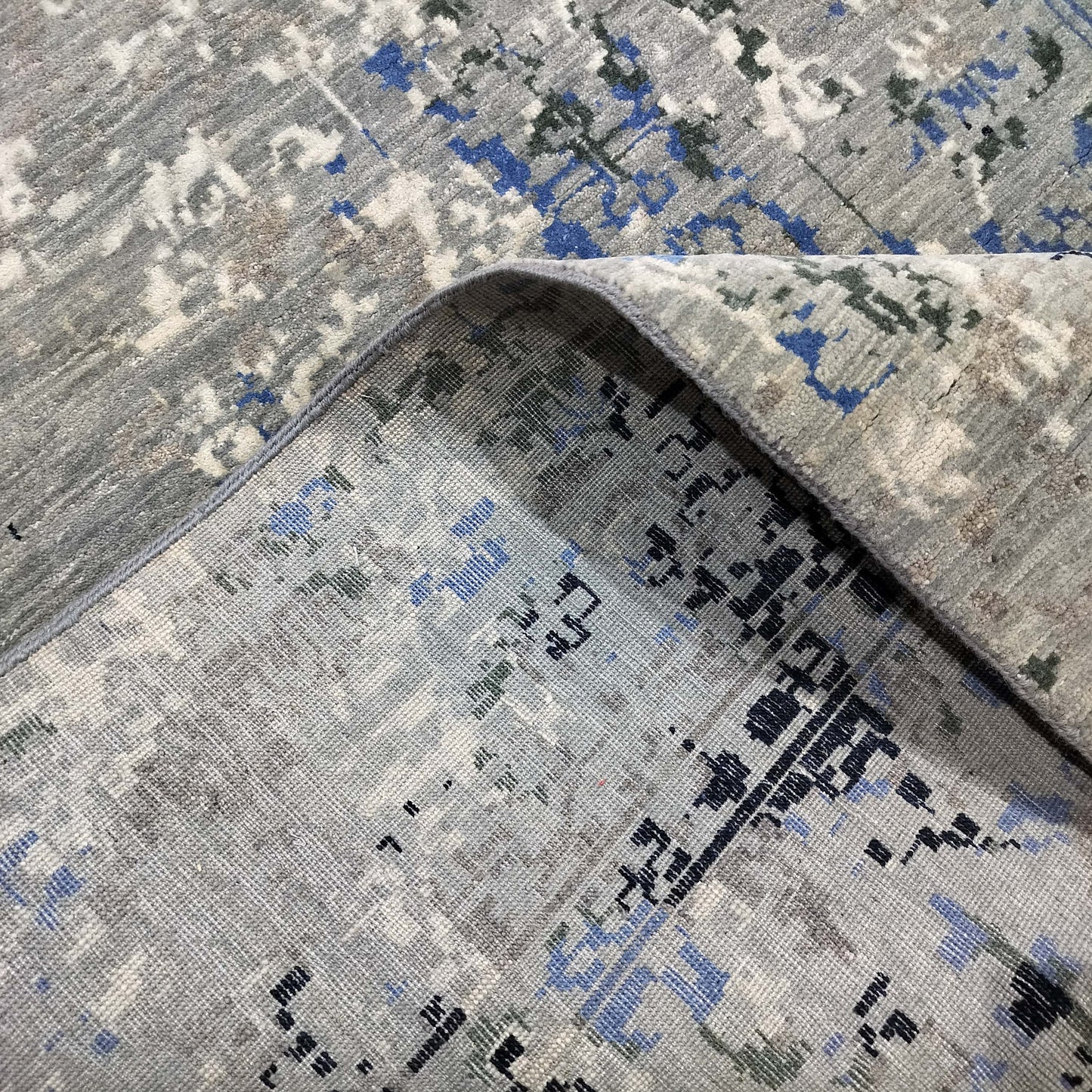 Grey, Blue, Black and Ivory Pure Wool Transitional Handknotted 8.1x9.11ft 247x302Cms Area Rug