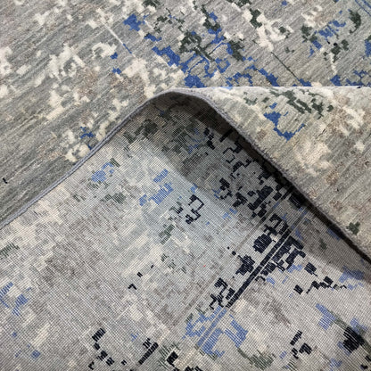 Grey, Blue, Black and Ivory Pure Wool Transitional Handknotted 8.1x9.11ft 247x302Cms Area Rug