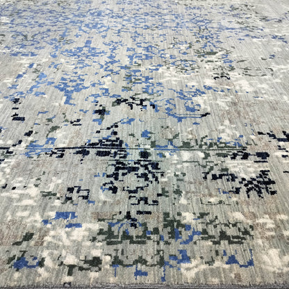 Grey, Blue, Black and Ivory Pure Wool Transitional Handknotted 8.1x9.11ft 247x302Cms Area Rug