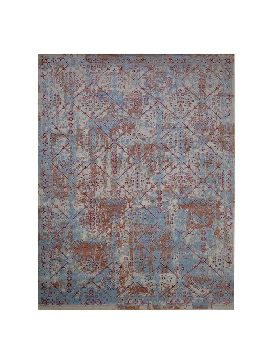 Grey, Brown, L. Blue and Red  Pure Wool Transitional Handknotted 7.11x9.9ft 242x297Cms Area Rug