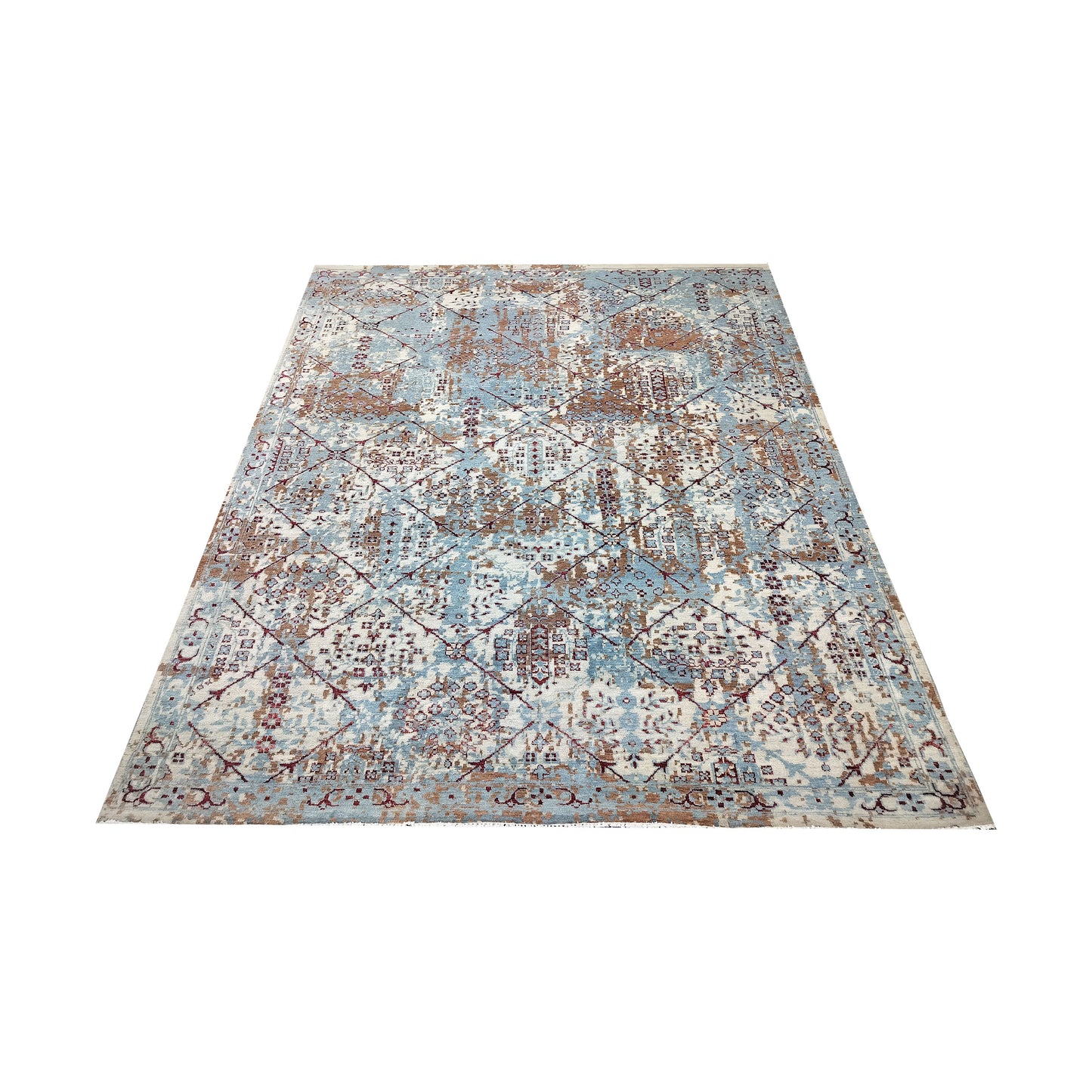 Grey, Brown, L. Blue and Red  Pure Wool Transitional Handknotted 7.11x9.9ft 242x297Cms Area Rug