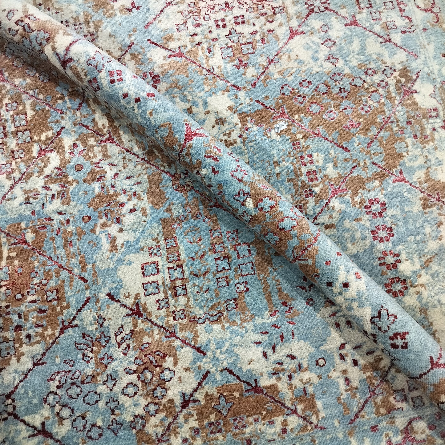 Grey, Brown, L. Blue and Red  Pure Wool Transitional Handknotted 7.11x9.9ft 242x297Cms Area Rug