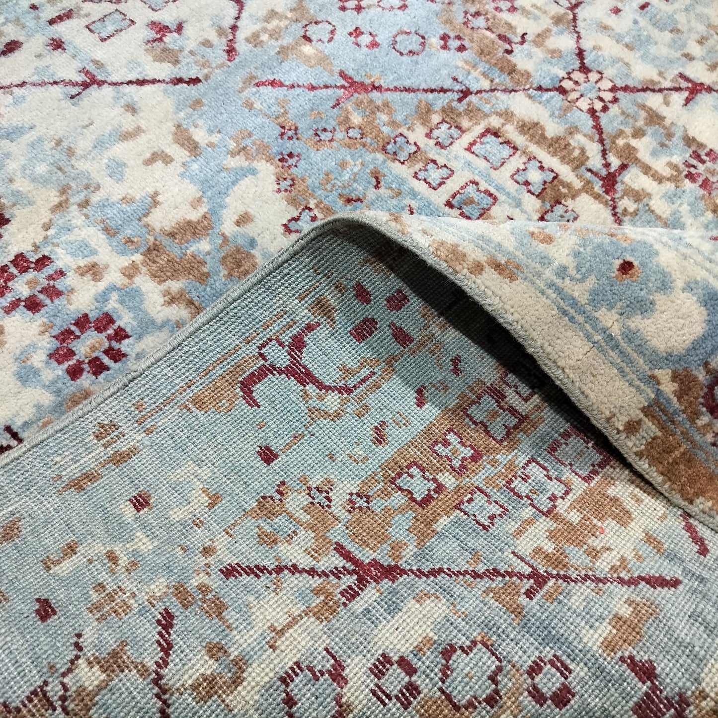 Grey, Brown, L. Blue and Red  Pure Wool Transitional Handknotted 7.11x9.9ft 242x297Cms Area Rug