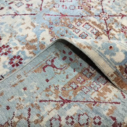 Grey, Brown, L. Blue and Red  Pure Wool Transitional Handknotted 7.11x9.9ft 242x297Cms Area Rug