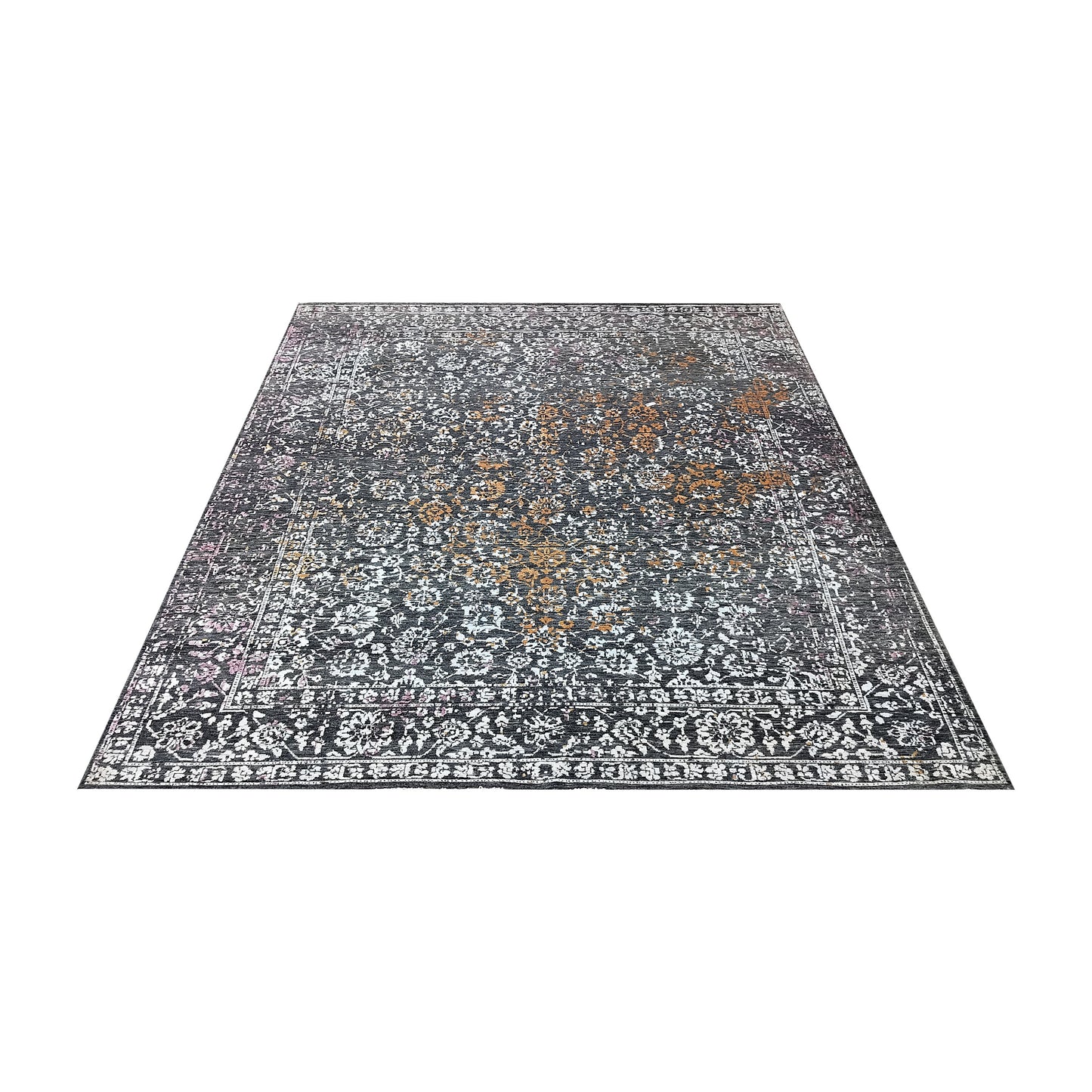 Black, Rust, Ivory and Pink Silk Wool Transitional Handknotted 7.11x10.2ft 243x311Cms Area Rug