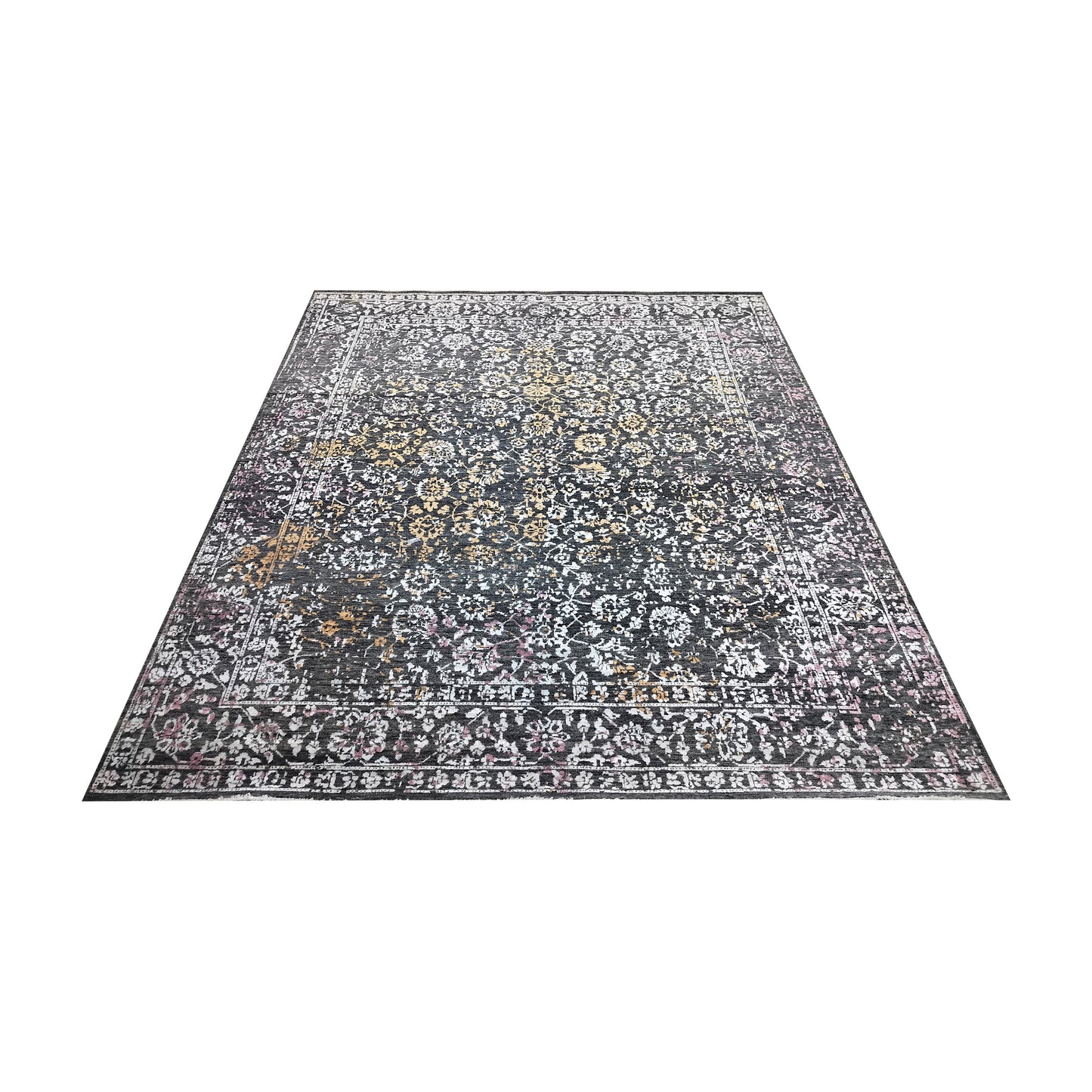 Black, Rust, Ivory and Pink Silk Wool Transitional Handknotted 7.11x10.2ft 243x311Cms Area Rug