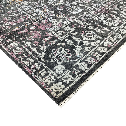 Black, Rust, Ivory and Pink Silk Wool Transitional Handknotted 7.11x10.2ft 243x311Cms Area Rug
