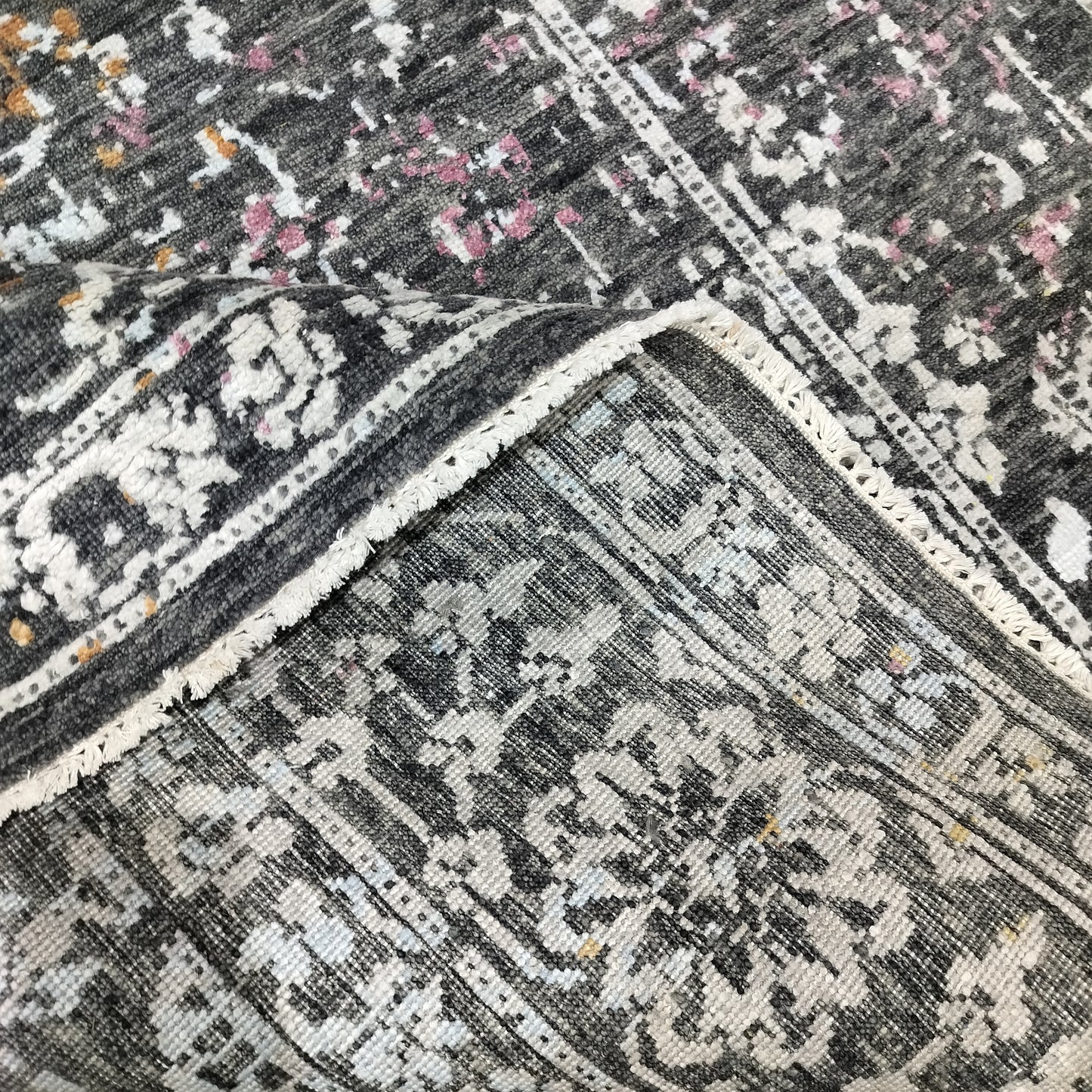 Black, Rust, Ivory and Pink Silk Wool Transitional Handknotted 7.11x10.2ft 243x311Cms Area Rug