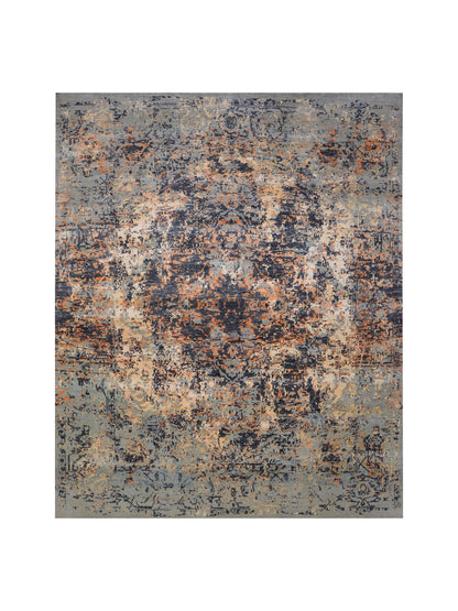 Grey Rust, Orange, Black and Ivory Pure Wool Transitional Handknotted 8.1x10ft 247x304Cms Area Rug