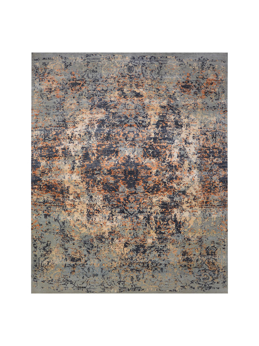 Grey Rust, Orange, Black and Ivory Pure Wool Transitional Handknotted 8.1x10ft 247x304Cms Area Rug
