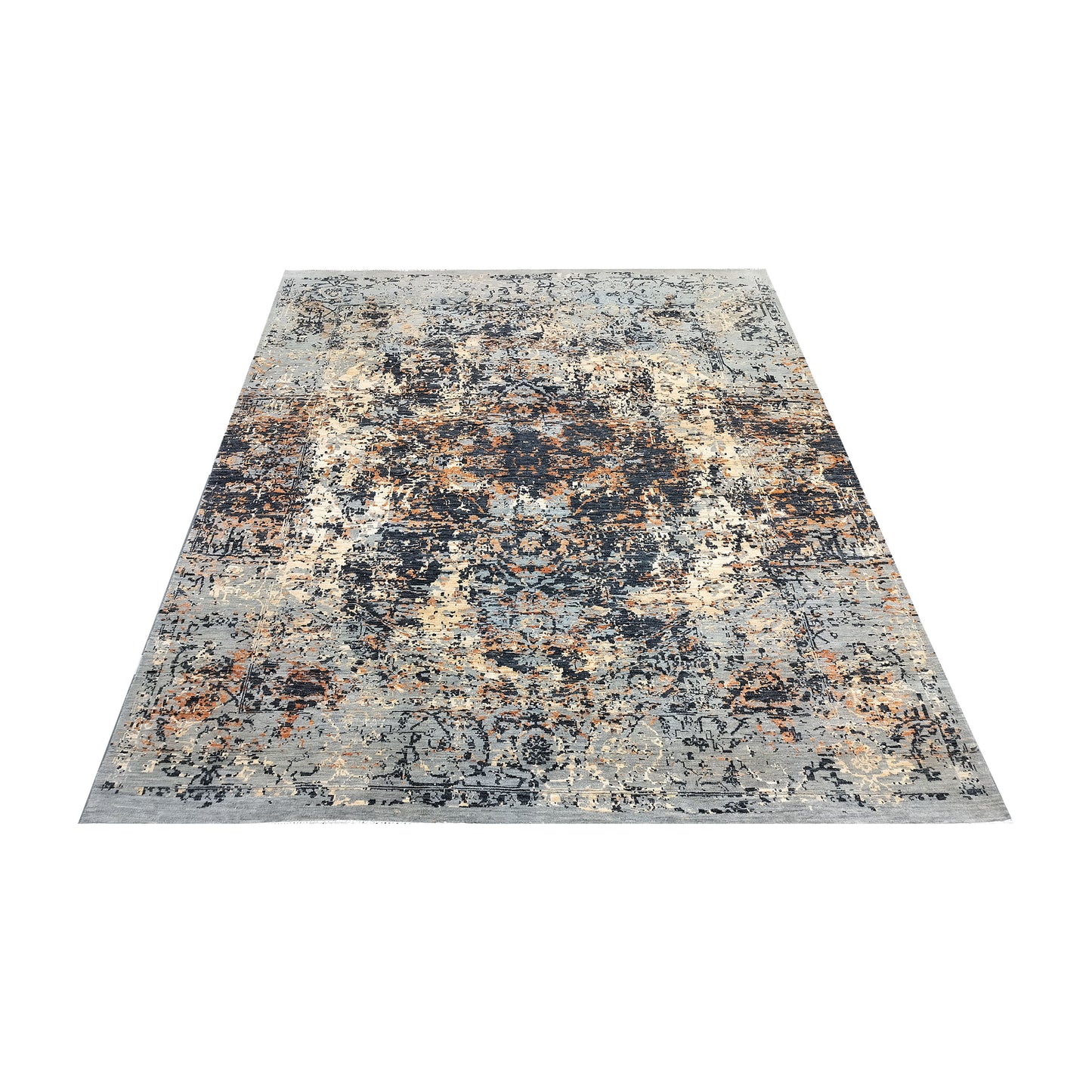 Grey Rust, Orange, Black and Ivory Pure Wool Transitional Handknotted 8.1x10ft 247x304Cms Area Rug