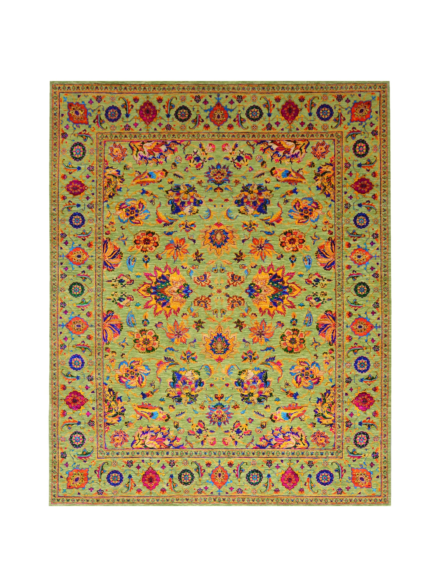 Green Multy, Sari Silk and Wool Hi-Lo Traditional Handknotted 7.11x9.9Ft 241x298Cms Area Rug