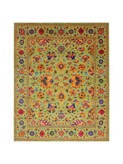 Green Multy, Sari Silk and Wool Hi-Lo Traditional Handknotted 7.11x9.9Ft 241x298Cms Area Rug