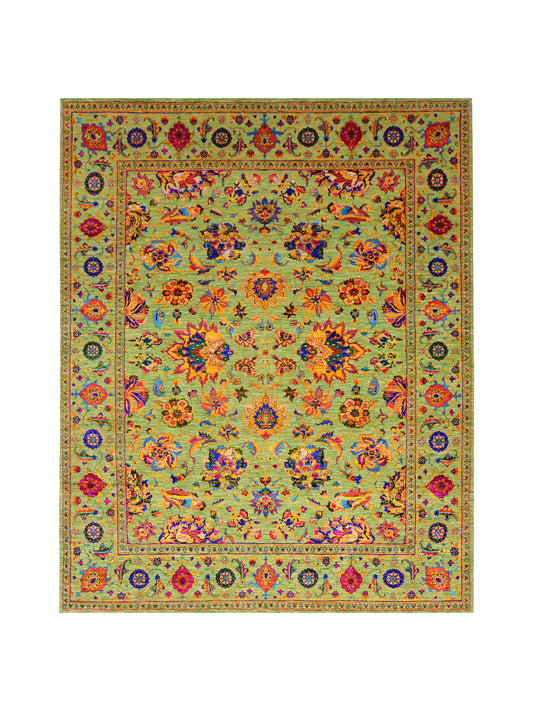 Green Multy, Sari Silk and Wool Hi-Lo Traditional Handknotted 7.11x9.9Ft 241x298Cms Area Rug