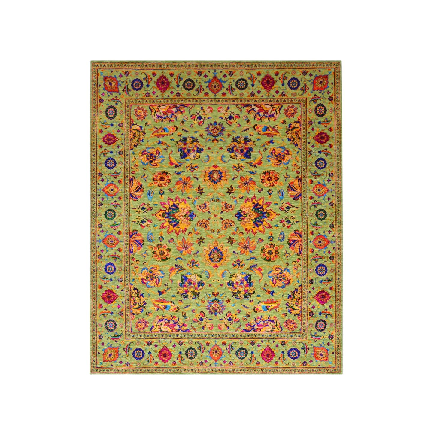 Green Multy, Sari Silk and Wool Hi-Lo Traditional Handknotted 7.11x9.9Ft 241x298Cms Area Rug