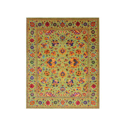 Green Multy, Sari Silk and Wool Hi-Lo Traditional Handknotted 7.11x9.9Ft 241x298Cms Area Rug