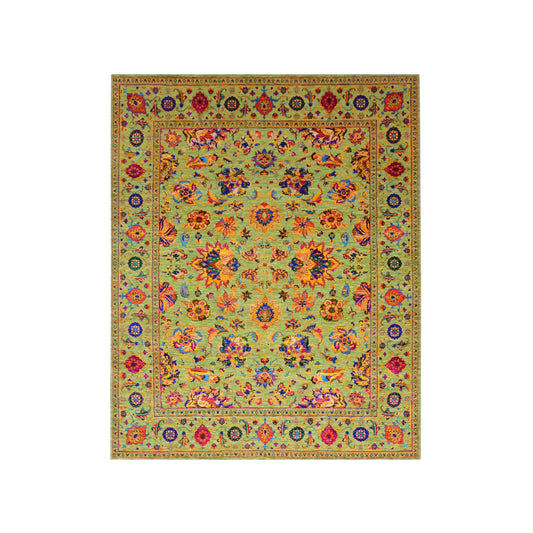 Green Multy, Sari Silk and Wool Hi-Lo Traditional Handknotted 7.11x9.9Ft 241x298Cms Area Rug