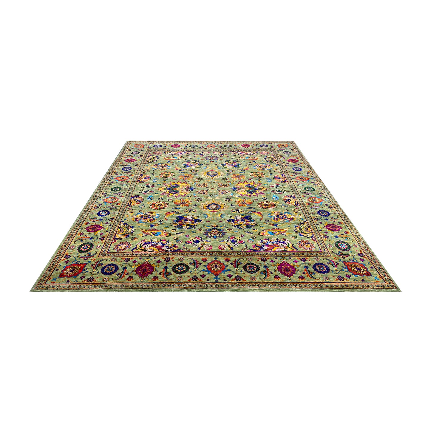 Green Multy, Sari Silk and Wool Hi-Lo Traditional Handknotted 7.11x9.9Ft 241x298Cms Area Rug